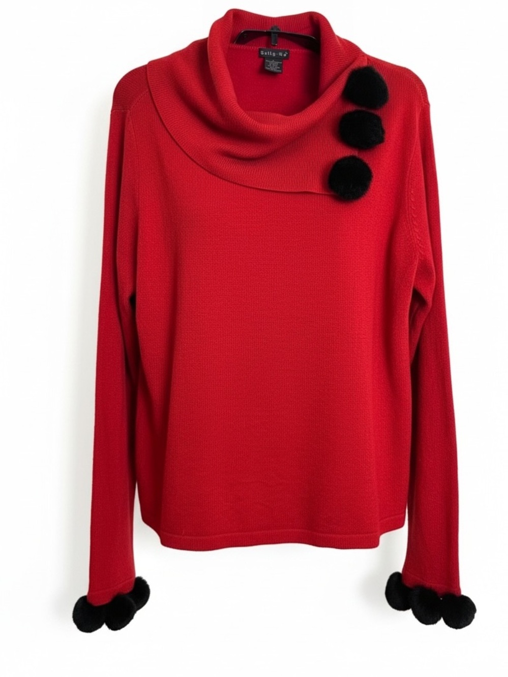 Tally Ho Red Cowl Neck Sweater with Black Pom Trim